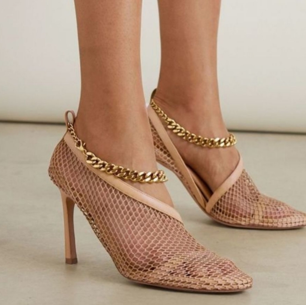 Bottega Veneta Tan Chain-Trimmed 100mm Mesh Pumps